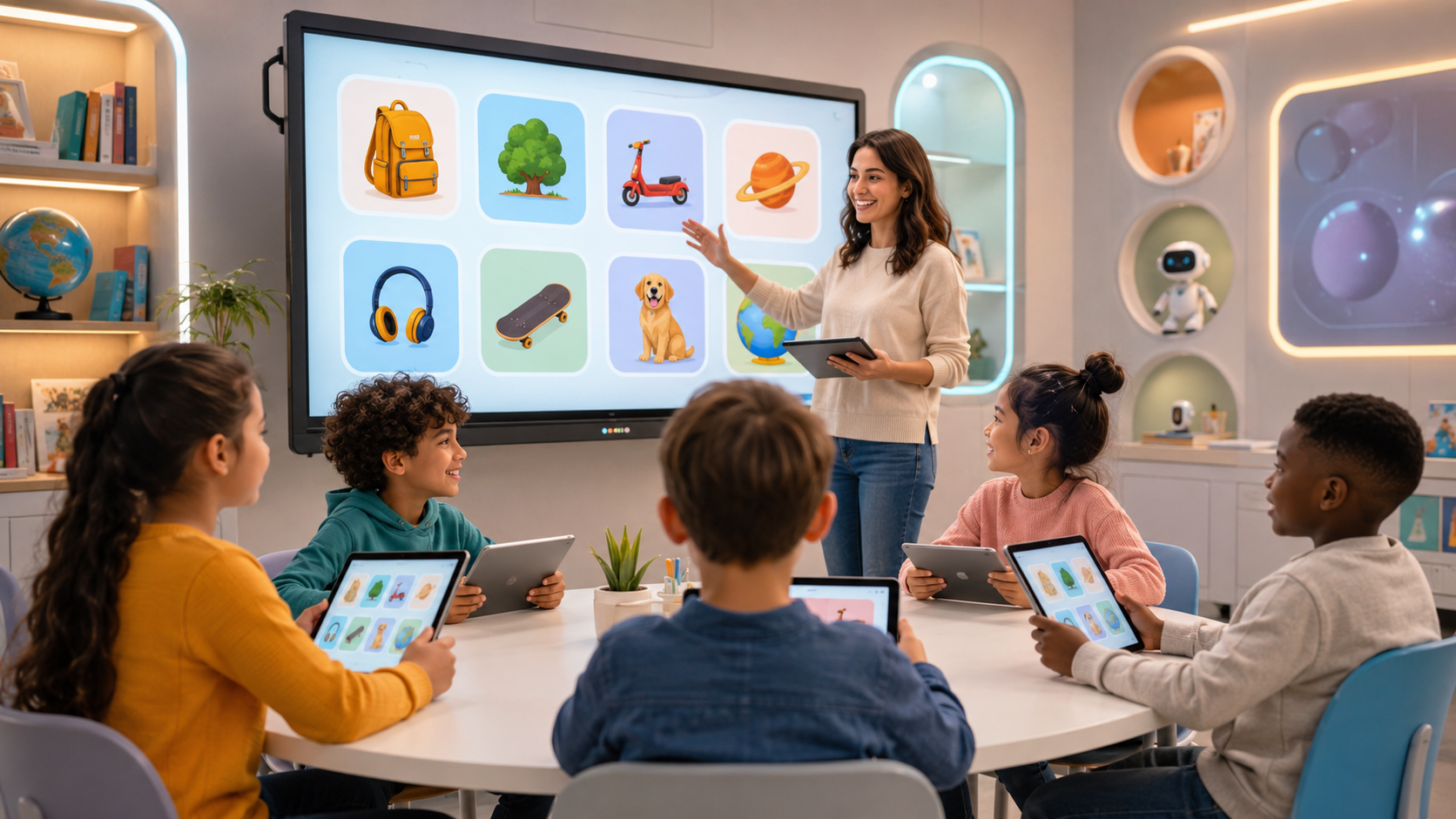 Classe multiculturelle utilisant une application de vocabulaire
